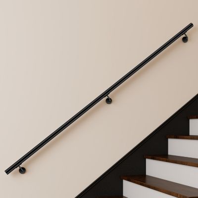 Main courante 240cm, inox 304, Noir mat, rampe d'escalier ronde, avec 3 supports muraux, intérieur & extérieur