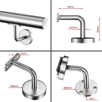 Main courante 240cm, inox 304, rampe d'escalier ronde, avec 3 supports muraux, intérieur & extérieur
