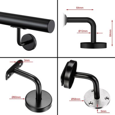 Main courante 80cm, inox 304, Noir mat, rampe d'escalier ronde, avec 2 supports muraux, intérieur & extérieur
