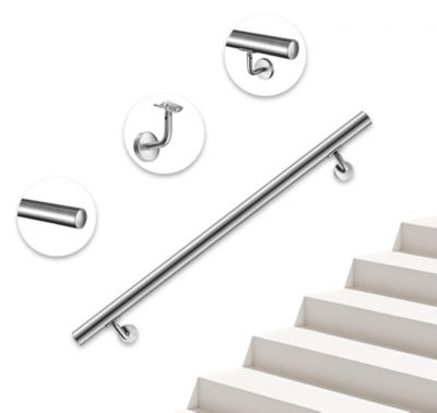 Main courante - acier inox 304 - 100cm - Rampe escalier mural avec embouts - Pour intérieur et extérieur - Avec supports muraux