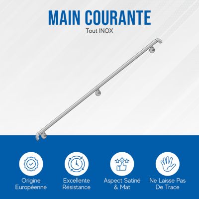 Main Courante Escalier INOX - Rampe Interieur/Exterieur - Kit Facile à Monter - Pour tous Escaliers - 1,5 mètres - Recoupable