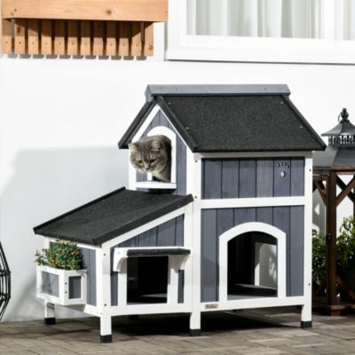 Maison chat exterieur 2 niveaux bois gris avec toit asphalte