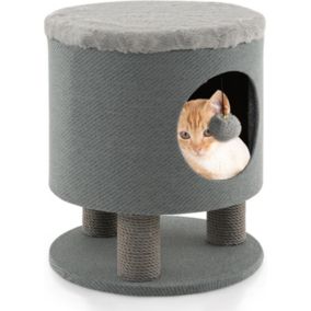 Maison de Chat 3 en 1 avec Griffoirs Balle en Peluche Arbre à Chat Transformable en Tabouret/Pouf