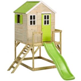 Maison de jardin enfant extérieur - Cabane en Bois avec plateforme et toboggan - Toit étanche - Vert et Blanc