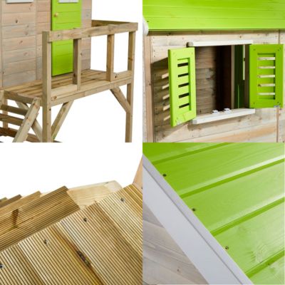 Maison de jardin enfant extérieur - Cabane en Bois avec plateforme - Toit étanche - Vert et Blanc