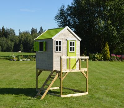 Maison de jardin enfant extérieur - Cabane en Bois avec plateforme - Toit étanche - Vert et Blanc