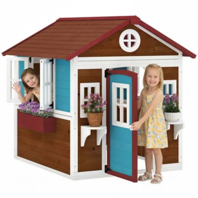 Maison de jeux enfant - jeu plein air maisonnette enfant - dim. 114L x 126,4l x 135H cm - bois bleu blanc brun