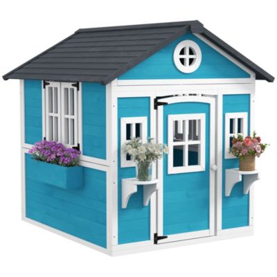 Maison de jeux enfant - jeu plein air maisonnette enfant - dim. 114L x 126,4l x 135H cm - bois bleu blanc noir