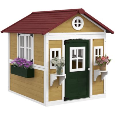 Maison de jeux enfant - jeu plein air maisonnette enfant - dim. 114L x 126,4l x 135H cm - bois vert blanc naturel bordeaux