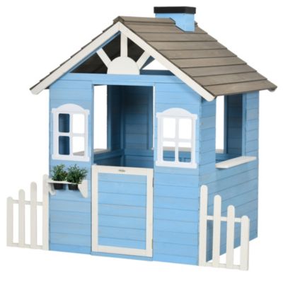 Maison de jeux enfant - jeu plein air maisonnette enfant - dim. 151L x 112l x 142H cm - bois sapin bleu blanc gris