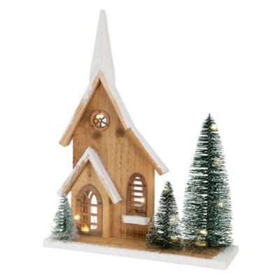 Maison de Noel en bois LED 28x9x34 cm décoration d'hiver 3 sapins avec minuterie