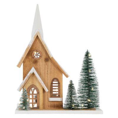 Maison de Noel en bois LED 28x9x34 cm décoration d'hiver 3 sapins avec minuterie