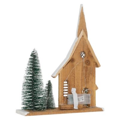 Maison de Noel en bois LED 28x9x34 cm décoration d'hiver 3 sapins avec minuterie