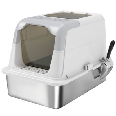 Maison de toilette bac à litière fermé acier inox - pelle, 2 portes, désodorisant - blanc