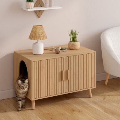 Maison de toilette chat cache-litière JULIETTE avec doubles portes lattes tasseau bois coloris chêne