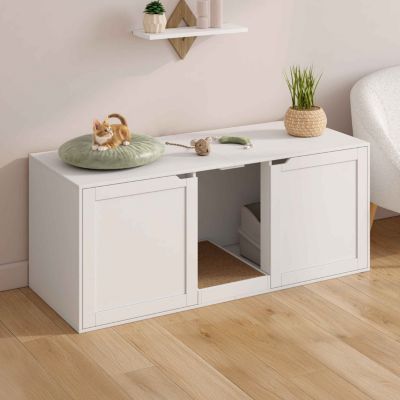 Maison de toilette double pour 2 chats avec cache-litières, 2 portes et griffoir bois blanc