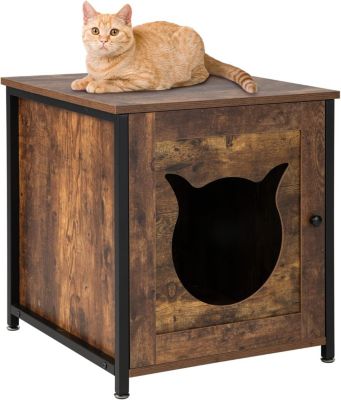 Maison de Toilette Multifonctionnelle 3 en 1 pour Chat avec Porte Meuble Décoratif de Bac à Litière de Style Industriel