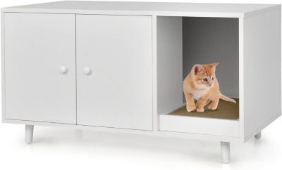 Maison de Toilette pour Chat en Bois Meuble Litière pour Chat Double Portes avec Grattoir à Chat pour Salon, Entrée