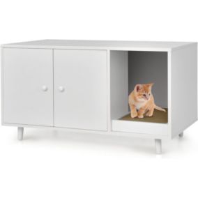 Maison de Toilette pour Chat en Bois Meuble Litière pour Chat Double Portes avec Grattoir à Chat pour Salon, Entrée