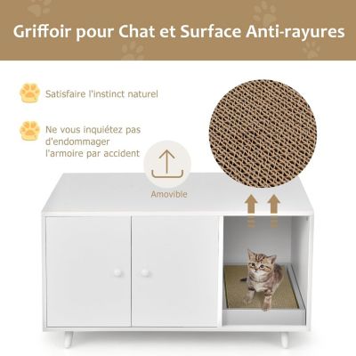 Maison de Toilette pour Chat en Bois Meuble Litière pour Chat Double Portes avec Grattoir à Chat pour Salon, Entrée