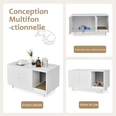 Maison de Toilette pour Chat en Bois Meuble Litière pour Chat Double Portes avec Grattoir à Chat pour Salon, Entrée
