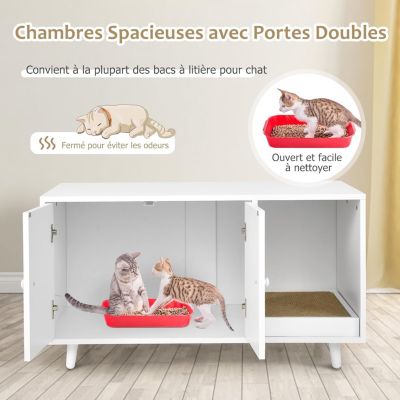 Maison de Toilette pour Chat en Bois Meuble Litière pour Chat Double Portes avec Grattoir à Chat pour Salon, Entrée