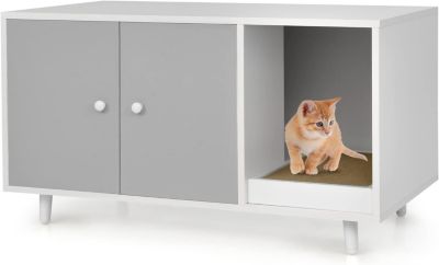Maison de Toilette pour Chat en Bois Meuble Litière pour Chat Double Portes avec Grattoir à Chat pour Salon