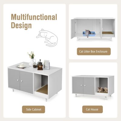 Maison de Toilette pour Chat en Bois Meuble Litière pour Chat Double Portes avec Grattoir à Chat pour Salon