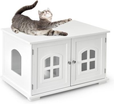Maison de Toilette pour Chat Enceinte en MDF Meuble Cache Litiere Chat avec Portes Trous Aeration Table Appoint de Salon Blanc