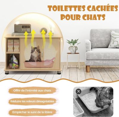 Maison de Toilette pour Chat Meuble Litière pour Chat Portes à Gratter en Sisal Pieds Métalliques Réglables