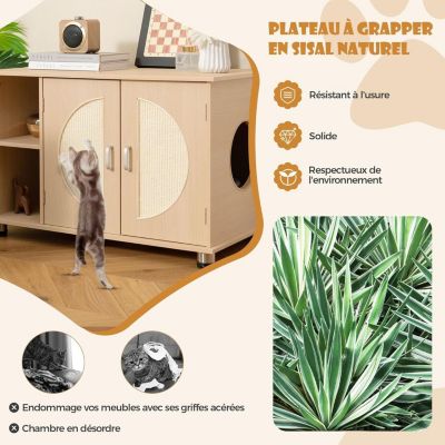 Maison de Toilette pour Chat Meuble Litière pour Chat Portes à Gratter en Sisal Pieds Métalliques Réglables