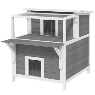 Maison niche chat sur pied - 2 niveaux, 2 portes, terrasse abritée, fenêtre - bois gris blanc