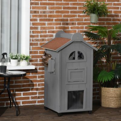 Maison pour chat à 2 niveaux en bois gris avec toit bitumé