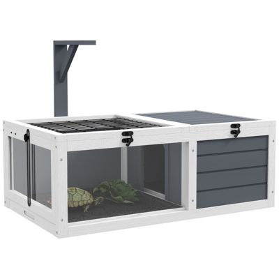 Maison pour tortues, terrarium à 2 compartiments, couvercle, plateaux en plastique, fenêtre, bois, gris