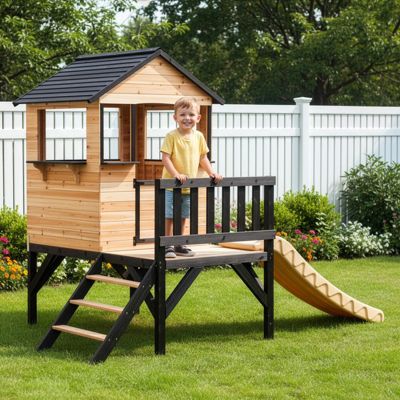 Maisonnette bois sur pilotis avec toboggan blanc Abracadaprout