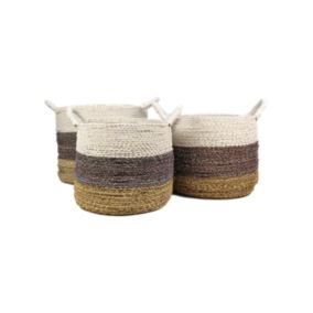 Malibu - Set de 3 paniers de rangement - Jonc de mer - Naturel/pourpre/blanc - 36 x 30 x 36 cm