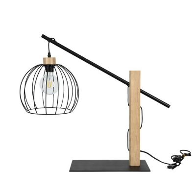 Mandarine Lampe de Table 1xE27 Max.60W Chêne huilé/Métal Noir/Câble en Tissu Noir