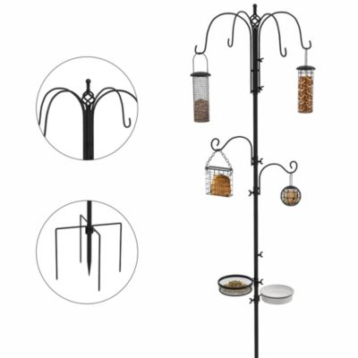 Mangeoire à oiseaux complet H.2,26m - 6 crochets, 4 mangeoires, plateau alimentation, grand bain, 4 piquets - aspect fer forgé