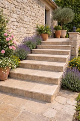 Marche d'escalier en travertin naturel mix bords arrondis interieur exterieur