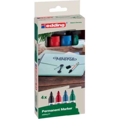 Marqueur permanent 4 couleurs Edding Ecoline e-21 pointe ogive de 1.5 à 3 mm, lot de 4