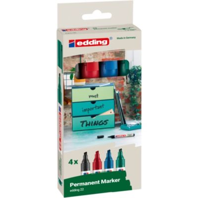 Marqueur permanent 4 couleurs Edding Ecoline e-22 pointe de 1 à 5 mm, lot de 4
