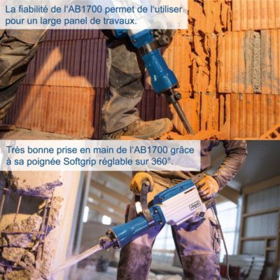 Marteau de démolition Scheppach 1700W - AB1700 - SDS HEX - 50J - 2000 coups/min - Burins pointu et plat 390 mm