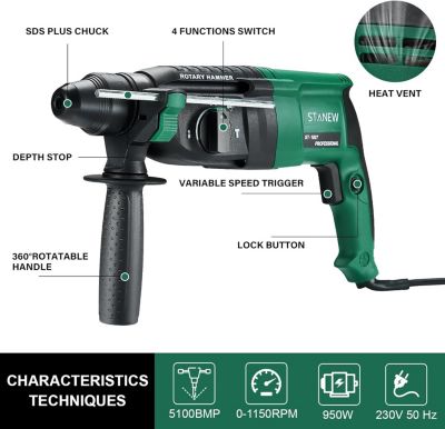 Marteau perforateur SDS-Plus, 950W avec 4 fonctions et embrayage de sécurité