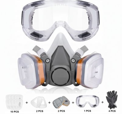 Masque de Protection Respiratoire Réutilisable, Avec Filtres, Lunettes, 4 Gants. Peinture, Produits chimiques, Travaux, Bricolage.