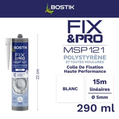 Mastic colle spécial polystyrène et moulures blanc Bostik Fix&pro MSP 121, cartouche de 290 ml