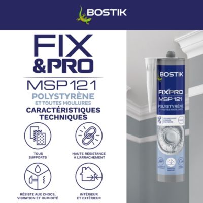 Mastic colle spécial polystyrène et moulures blanc Bostik Fix&pro MSP 121, cartouche de 290 ml