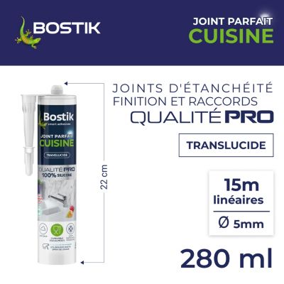 Mastic d’étanchéité spécial cuisine translucide Bostik Joint Parfait tous matériaux, cartouche de 280 ml