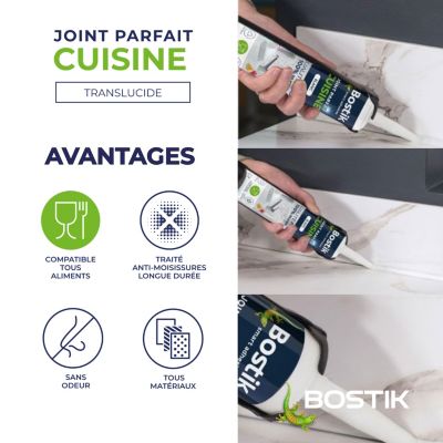 Mastic d’étanchéité spécial cuisine translucide Bostik Joint Parfait tous matériaux, cartouche de 280 ml