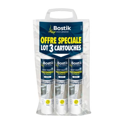 Mastic d’étanchéité spécial maçonnerie et portes blanc Bostik Joint Parfait tous matériaux, lot de 3 cartouches de 280 ml