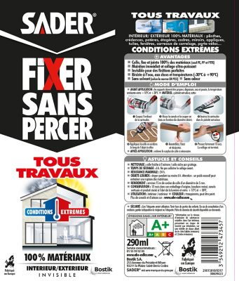 Mastic de Fixation Sader Fixer Sans Percer Tous Travaux - Invisible Cartouche 290ml